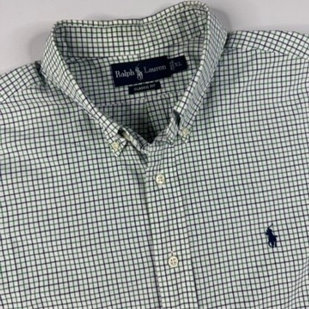 Polo Ralph Lauren Mens XL Short Sleeve Check Button Down Shirt‎ Green White